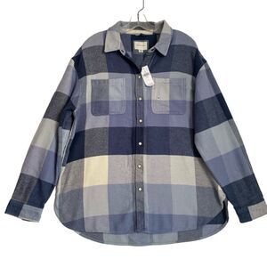 American Eagle Shacket Womens M Blue Plaid Pearl Snap Oversized Cottagecore